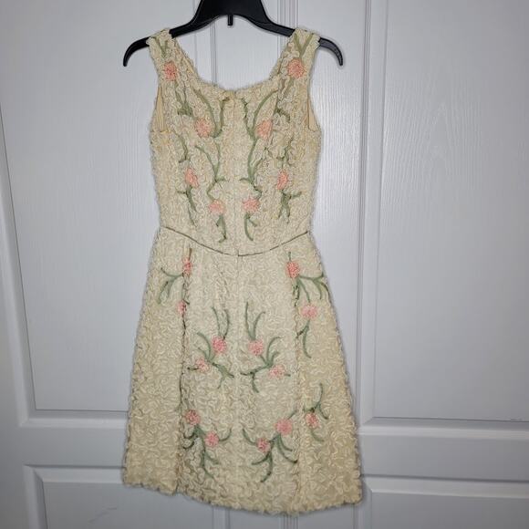Vintage Esther Pomerantz 50s Sleeveless Dress Crinoline Cream Pink Green Lace - Picture 2 of 8